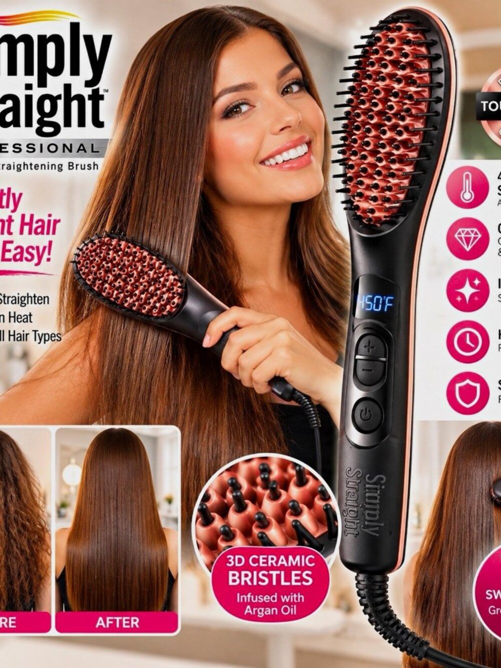 Simply Straight Ceramic Ionic Hair Straightening Brush Black/Rose Gold